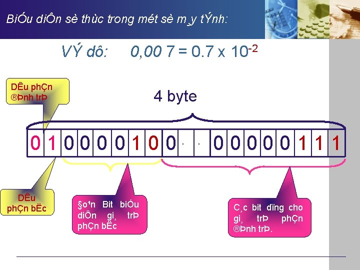 BiÓu diÔn sè thùc trong mét sè m¸y tÝnh: VÝ dô: 0, 00 7