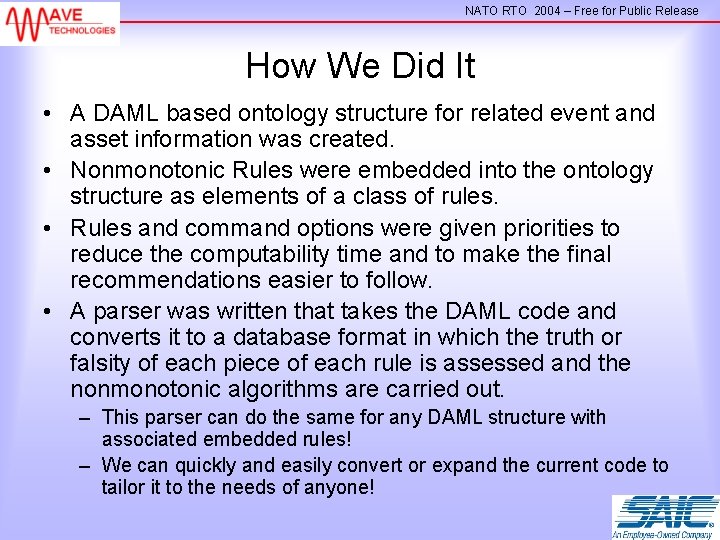 NATO RTO 2004 – Free for Public Release How We Did It • A