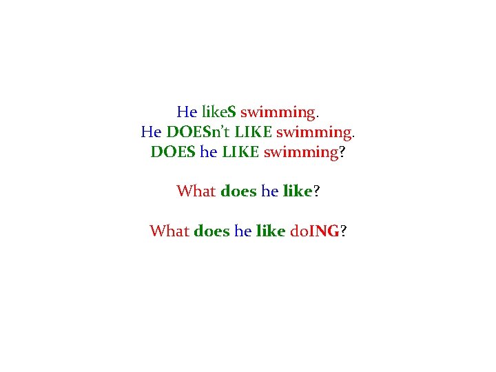 He like. S swimming. He DOESn’t LIKE swimming. DOES he LIKE swimming? What does