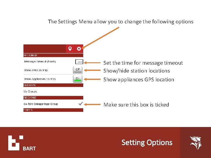 The Settings Menu allow you to change the following options Set the time for