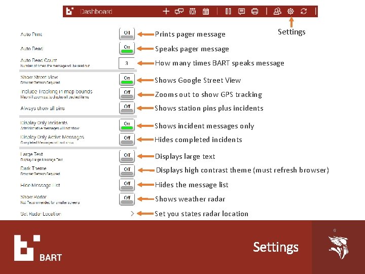 Settings Prints pager message Speaks pager message How many times BART speaks message Shows