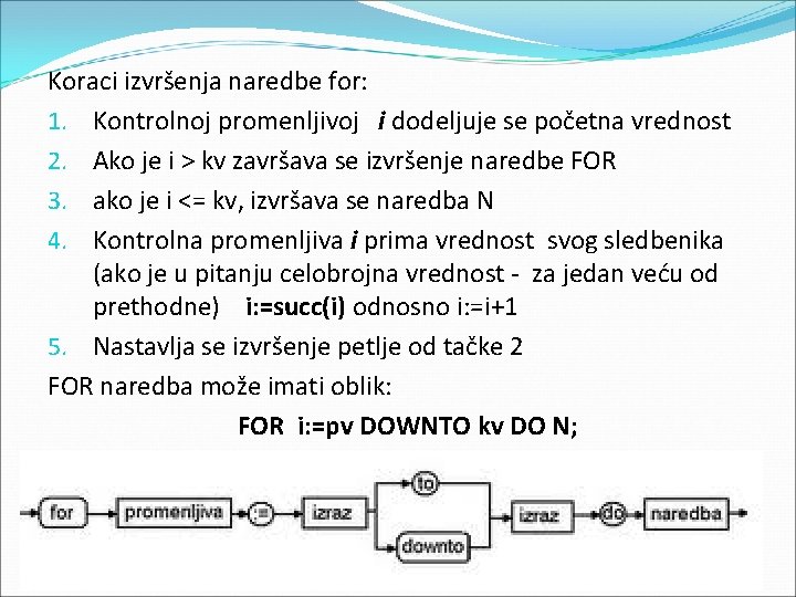 Koraci izvršenja naredbe for: 1. Kontrolnoj promenljivoj i dodeljuje se početna vrednost 2. Ako