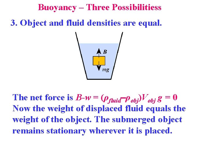 Buoyancy – Three Possibilitiess 3. Object and fluid densities are equal. The net force