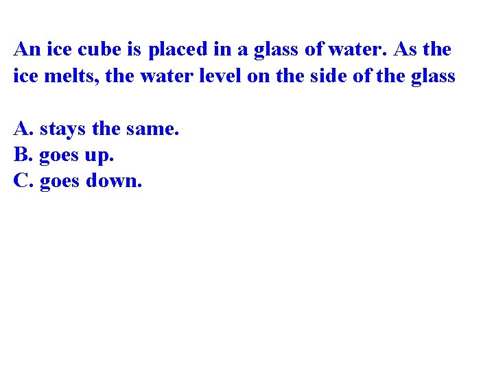 An ice cube is placed in a glass of water. As the ice melts,