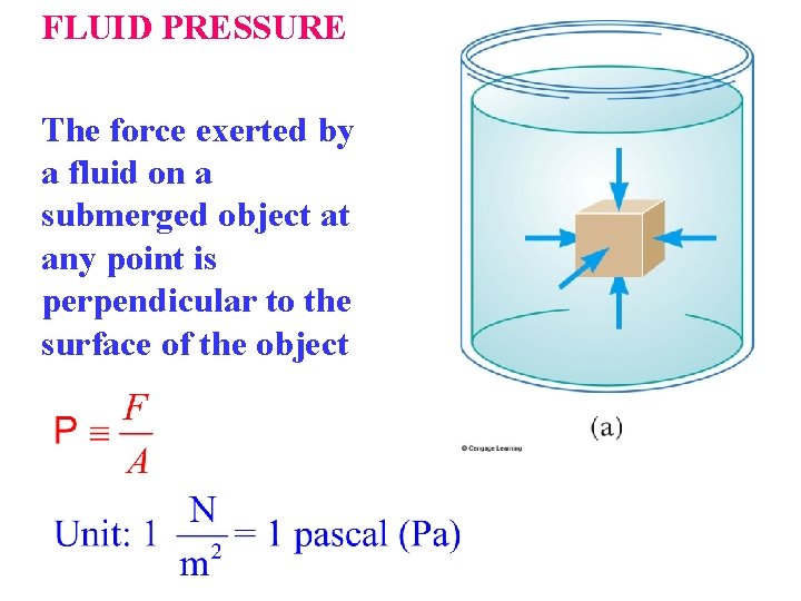 FLUID PRESSURE The force exerted by a fluid on a submerged object at any