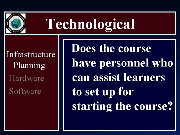 Technological Infrastructure Planning Hardware Software Does the course have personnel who can assist learners