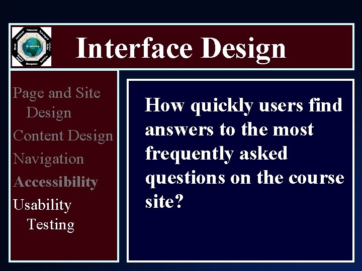 Interface Design Page and Site Design Content Design Navigation Accessibility Usability Testing How quickly