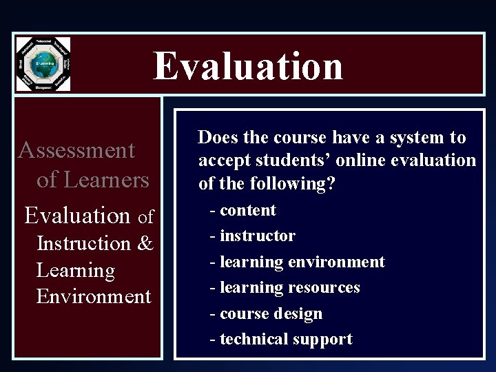 Evaluation Assessment of Learners Evaluation of Instruction & Learning Environment Does the course have