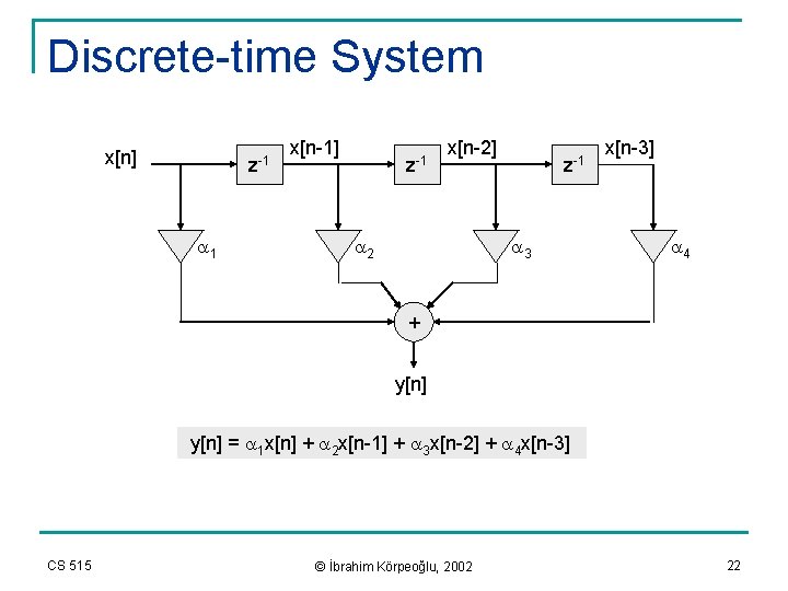 Discrete-time System x[n] z-1 a 1 x[n-1] z-1 x[n-2] a 2 z-1 a 3