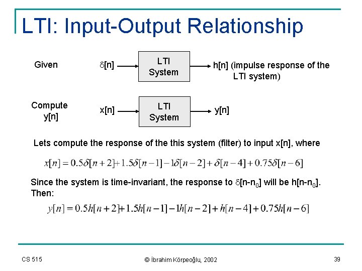 LTI: Input-Output Relationship Given Compute y[n] d[n] LTI System h[n] (impulse response of the