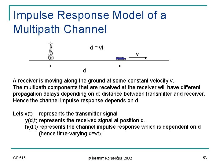 Impulse Response Model of a Multipath Channel d = vt v d A receiver