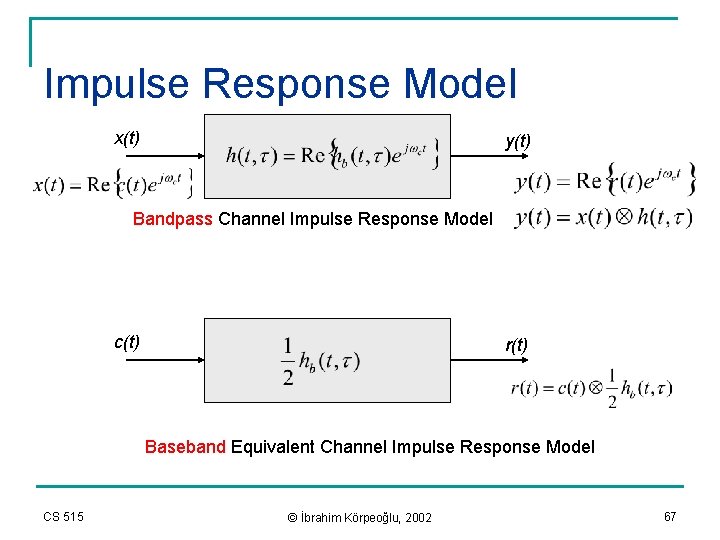 Impulse Response Model x(t) y(t) Bandpass Channel Impulse Response Model c(t) r(t) Baseband Equivalent
