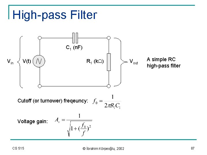 High-pass Filter C 1 (n. F) Vin V(t) R 1 (k ) Vout A