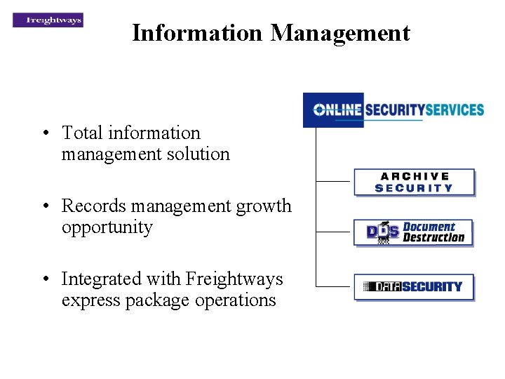 Information Management • Total information management solution • Records management growth opportunity • Integrated