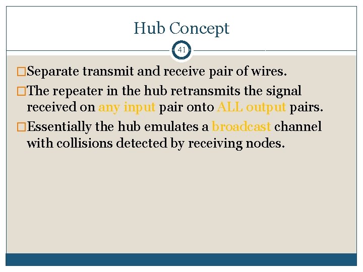 Hub Concept 41 �Separate transmit and receive pair of wires. �The repeater in the