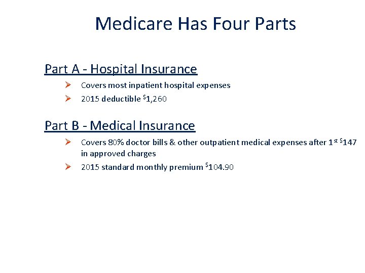 Medicare Has Four Parts Part A - Hospital Insurance Ø Covers most inpatient hospital