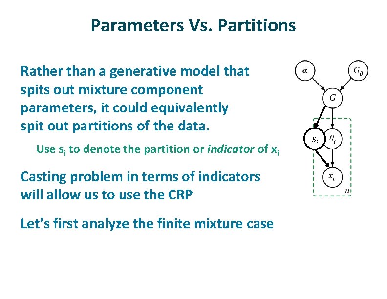 Parameters Vs. Partitions ü Rather than a generative model that spits out mixture component