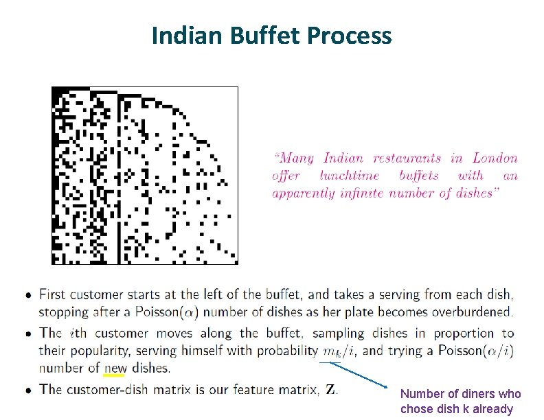 Indian Buffet Process Number of diners who chose dish k already 