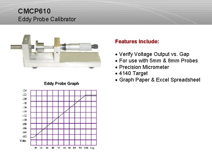 CMCP 610 Eddy Probe Calibrator Features Include: · Verify Voltage Output vs. Gap ·