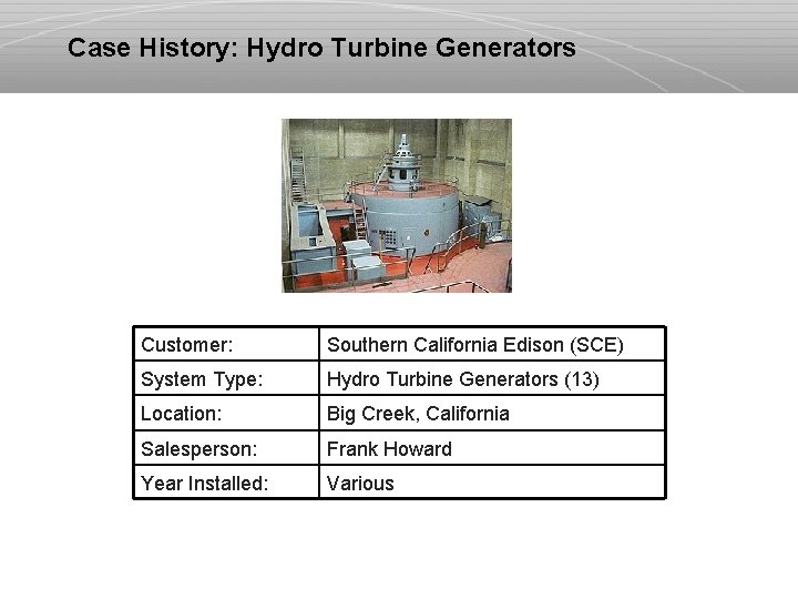 Case History: Hydro Turbine Generators Customer: Southern California Edison (SCE) System Type: Hydro Turbine