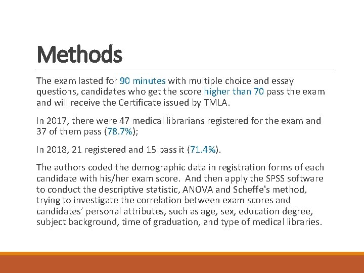 Methods The exam lasted for 90 minutes with multiple choice and essay questions, candidates