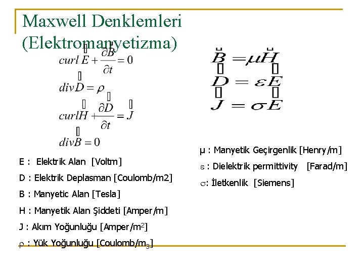Maxwell Denklemleri (Elektromanyetizma) µ : Manyetik Geçirgenlik [Henry/m] E : Elektrik Alan [Voltm] D