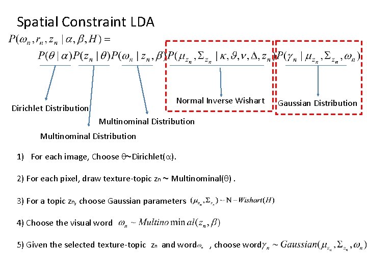 Spatial Constraint LDA Normal Inverse Wishart Dirichlet Distribution Multinominal Distribution 1) For each image, Spatial Constraint LDA Normal Inverse Wishart Dirichlet Distribution Multinominal Distribution 1) For each image,