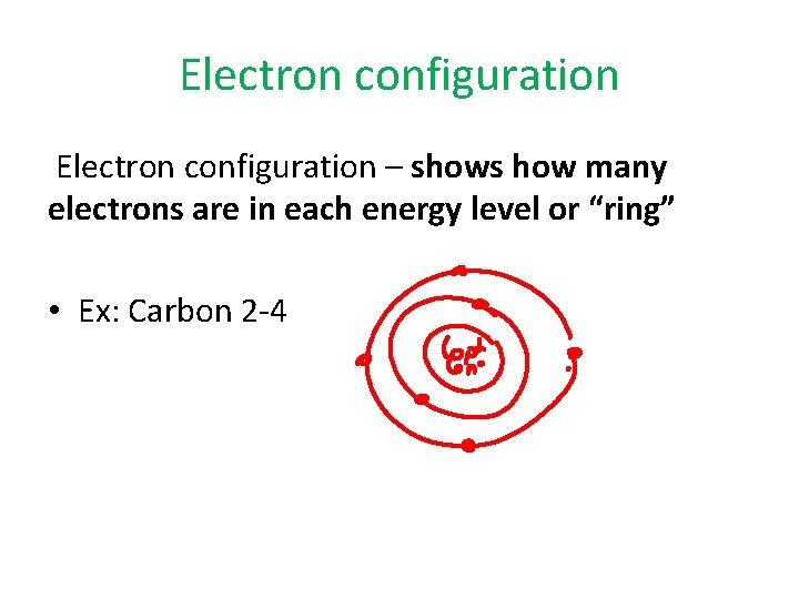 Electron configuration – shows how many electrons are in each energy level or “ring”