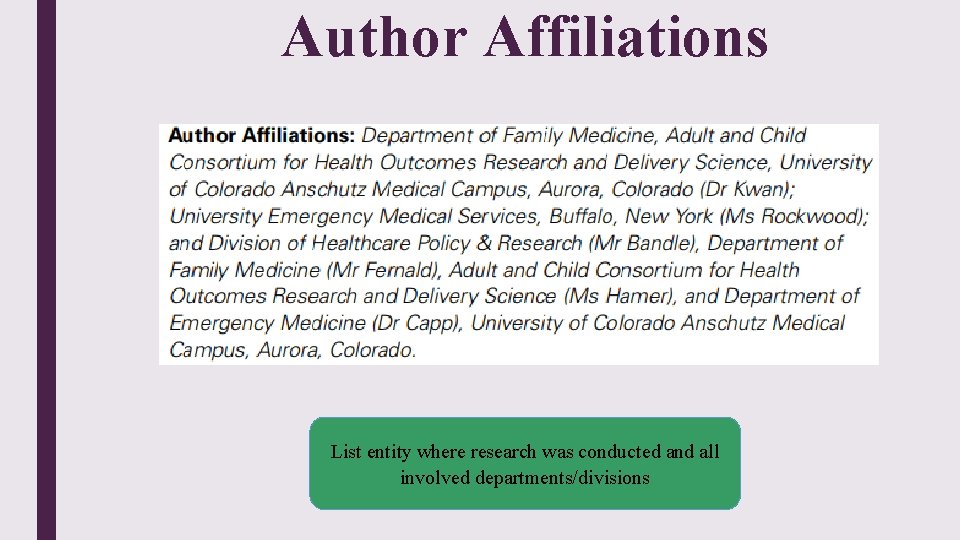 Author Affiliations List entity where research was conducted and all involved departments/divisions 