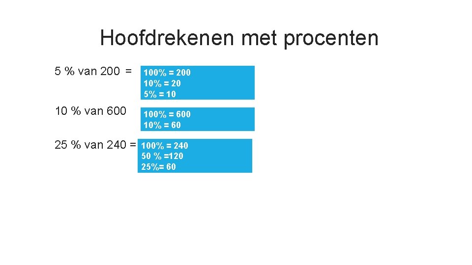 Hoofdrekenen met procenten 5 % van 200 = 100% = 200 10% = 20