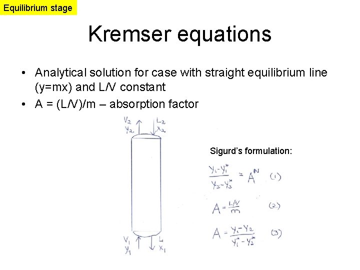 Equilibrium stage Kremser equations • Analytical solution for case with straight equilibrium line (y=mx) Equilibrium stage Kremser equations • Analytical solution for case with straight equilibrium line (y=mx)