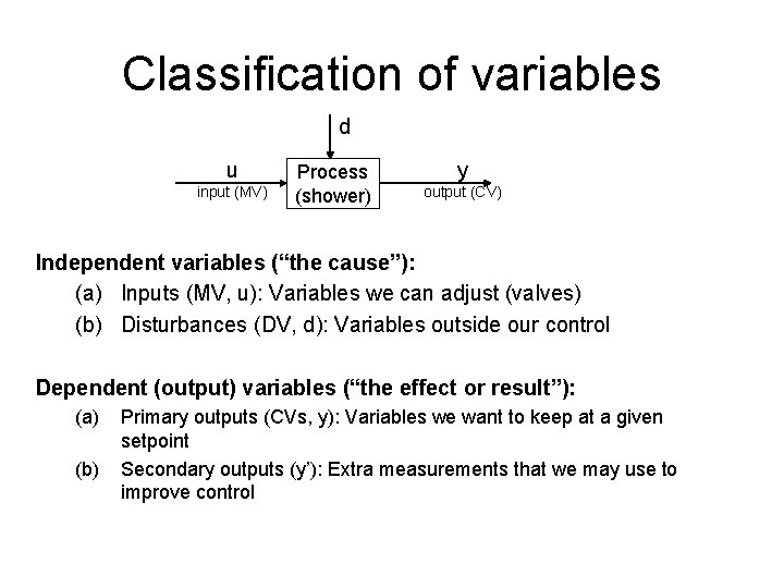 Classification of variables d u input (MV) Process (shower) y output (CV) Independent variables Classification of variables d u input (MV) Process (shower) y output (CV) Independent variables