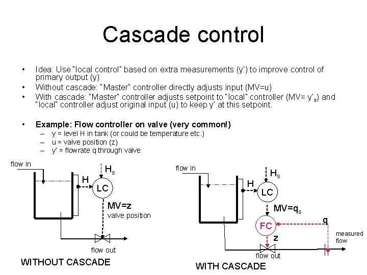 Cascade control • • Idea: Use “local control” based on extra measurements (y’) to Cascade control • • Idea: Use “local control” based on extra measurements (y’) to