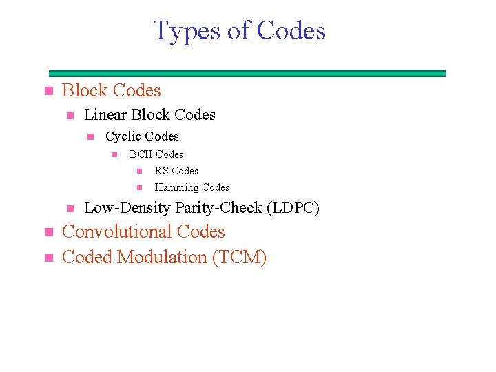 Types of Codes Block Codes Linear Block Codes Cyclic Codes BCH Codes RS Codes