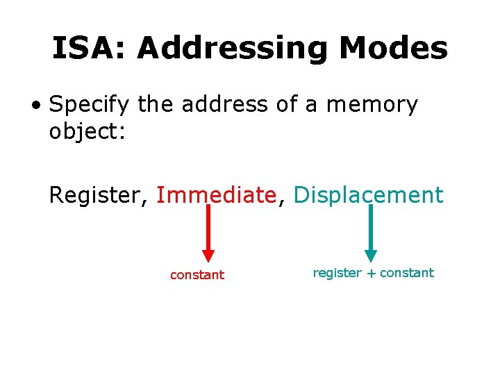 ISA: Addressing Modes • Specify the address of a memory object: Register, Immediate, Displacement