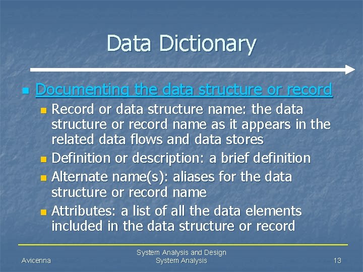 Data Dictionary n Documenting the data structure or record Record or data structure name: