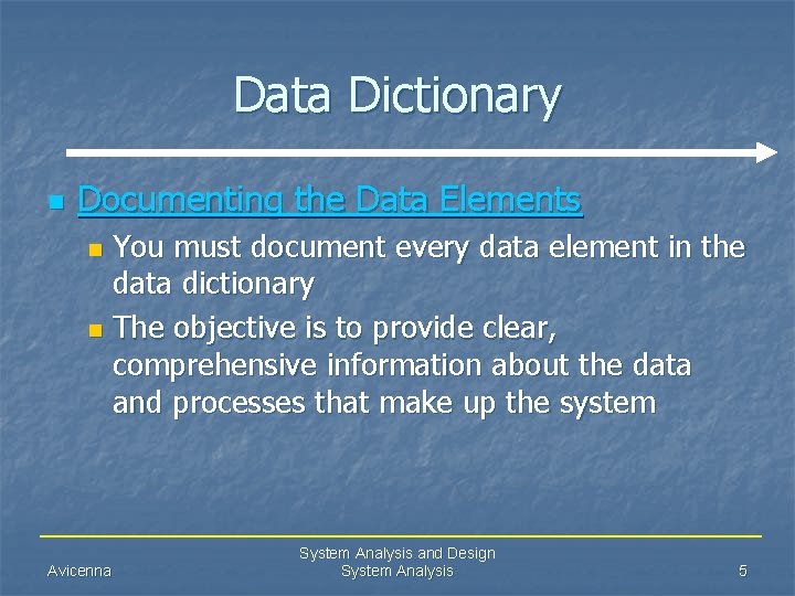Data Dictionary n Documenting the Data Elements You must document every data element in