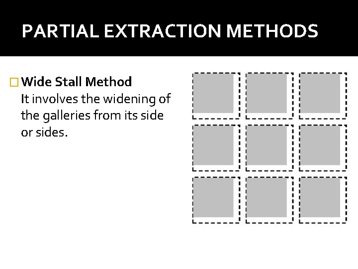 PARTIAL EXTRACTION METHODS � Wide Stall Method It involves the widening of the galleries PARTIAL EXTRACTION METHODS � Wide Stall Method It involves the widening of the galleries