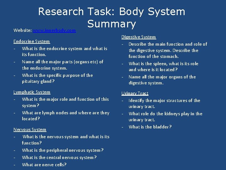 Research Task: Body System Summary Website: www. innerbody. com Endocrine System - What is