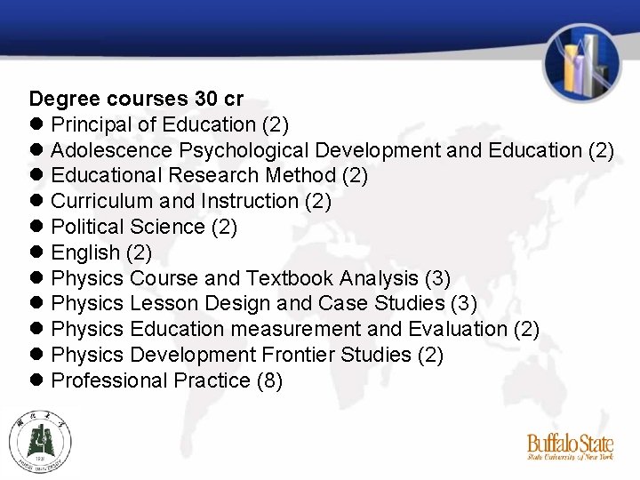 Degree courses 30 cr Principal of Education (2) Adolescence Psychological Development and Education (2)