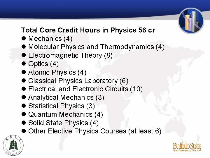 Total Core Credit Hours in Physics 56 cr Mechanics (4) Molecular Physics and Thermodynamics