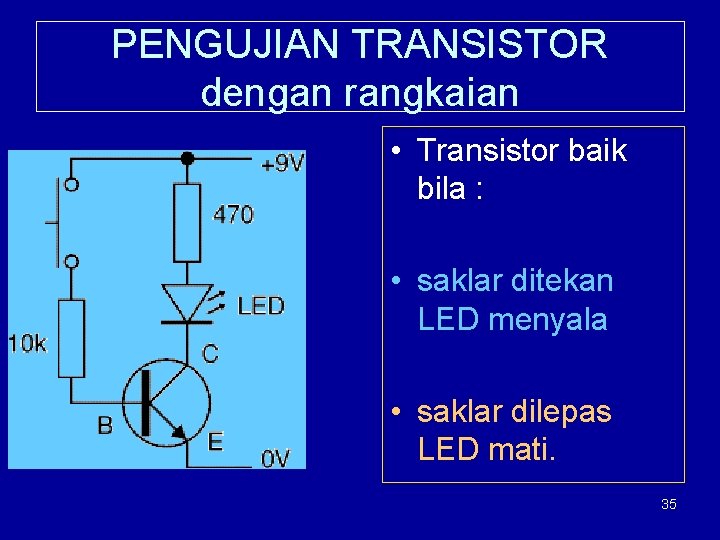 PENGUJIAN TRANSISTOR dengan rangkaian • Transistor baik bila : • saklar ditekan LED menyala