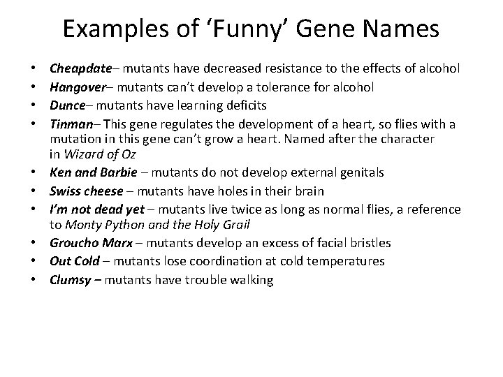 Examples of ‘Funny’ Gene Names • • • Cheapdate– mutants have decreased resistance to