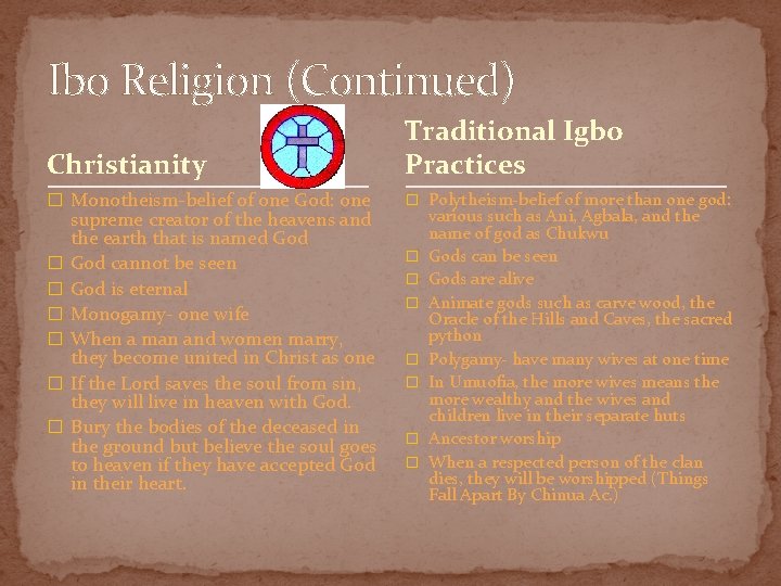 Ibo Religion (Continued) Christianity Traditional Igbo Practices � Monotheism-belief of one God: one �