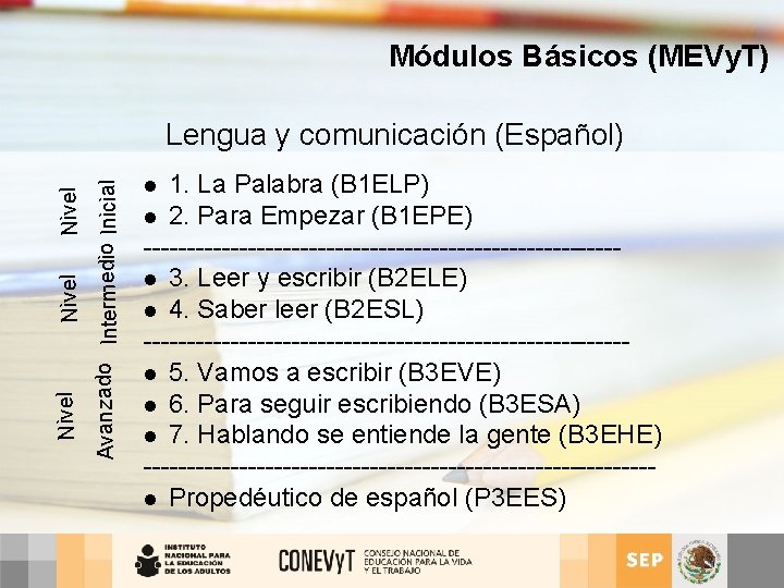 Módulos Básicos (MEVy. T) Avanzado Intermedio Inicial Nivel Lengua y comunicación (Español) 1. La