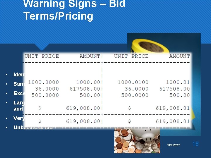 Warning Signs – Bid Terms/Pricing • Identical bid amounts • Same price increment •