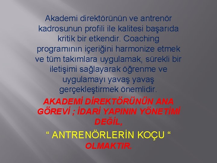 Akademi direktörünün ve antrenör kadrosunun profili ile kalitesi başarıda kritik bir etkendir. Coaching programının