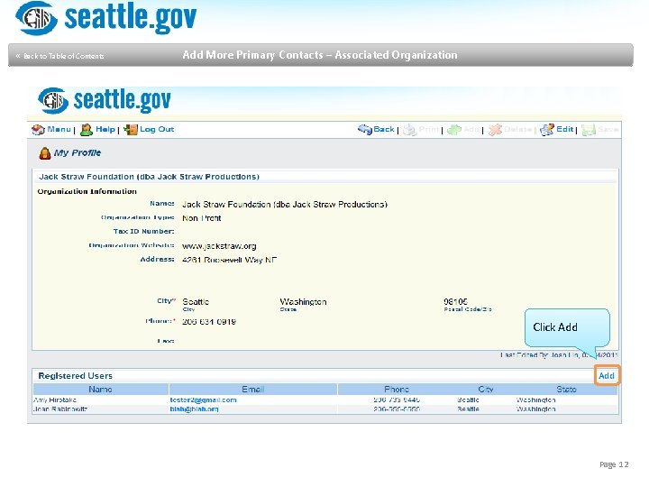  « Back to Table of Contents Add More Primary Contacts – Associated Organization
