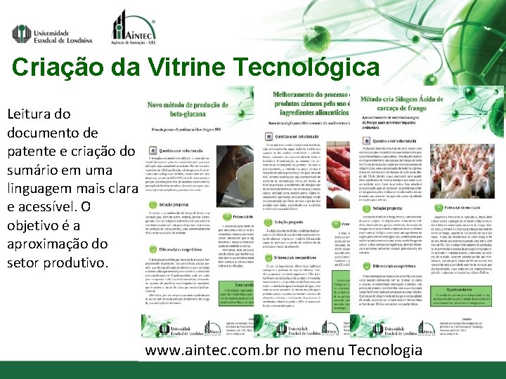 Criação da Vitrine Tecnológica Leitura do documento de patente e criação do sumário em