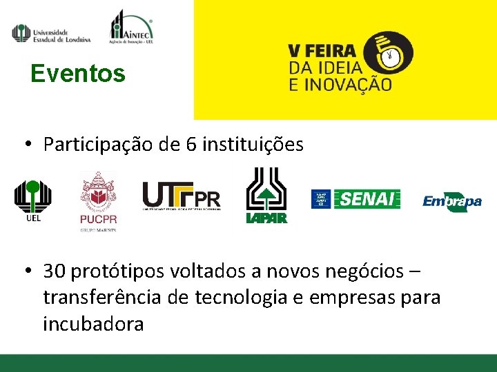 Eventos • Participação de 6 instituições • 30 protótipos voltados a novos negócios –